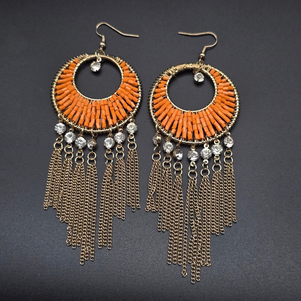 Orange Beaded Chain Tassel Earrings with Rhinestones